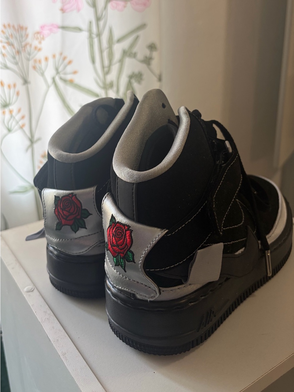 Nike Black High-Top Sneakers with Red Rose Embroidery